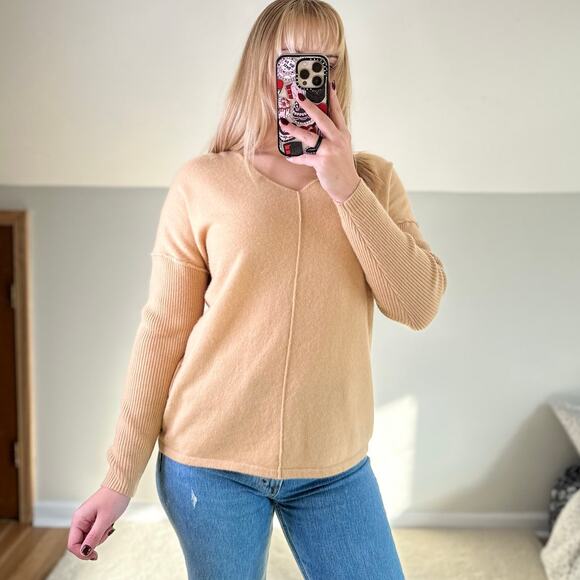 Soft Surroundings:  Tan Cashmere V-Neck Sweater - Picture 1 of 9